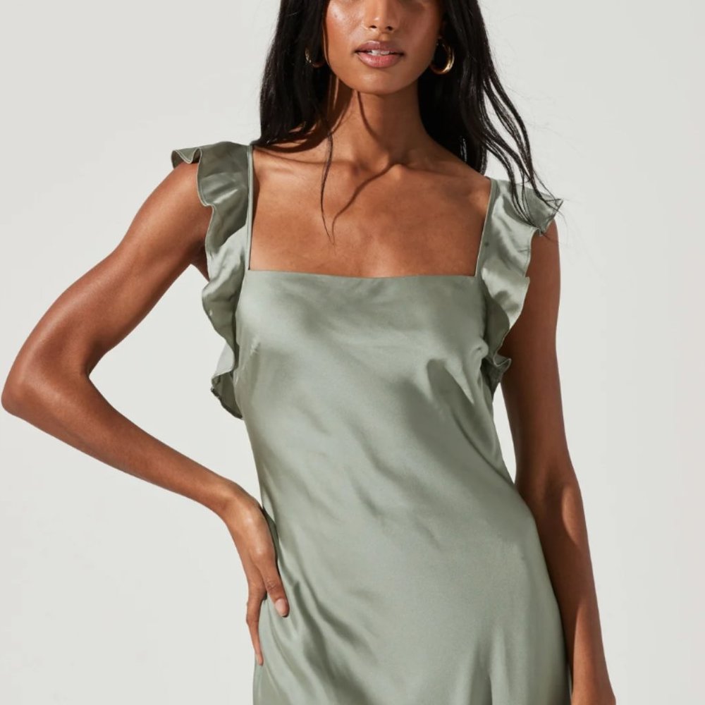 ASTR the Label, Bryna Ruffle Strap Satin Maxi Dress, XS, Dusty Sage/Green